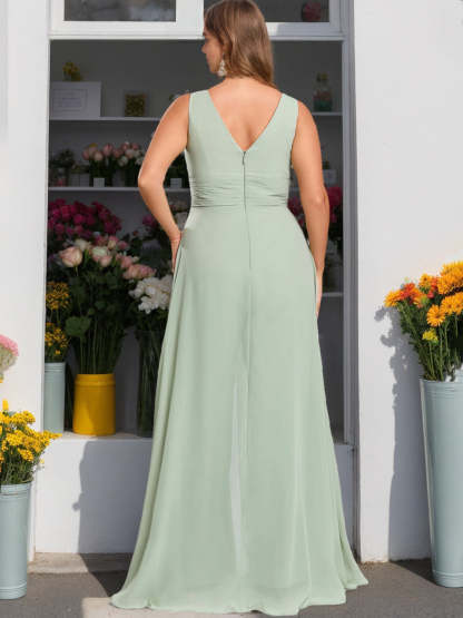 Unique Plus Size Chiffon Bridesmaid Pantsuit with V-Neck and Ruffles