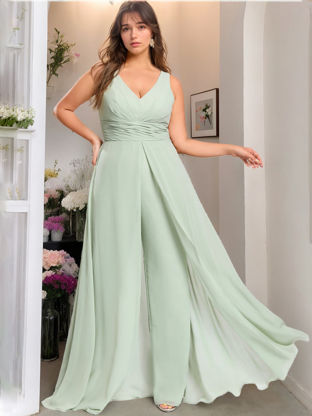 Unique Plus Size Chiffon Bridesmaid Pantsuit with V-Neck and Ruffles