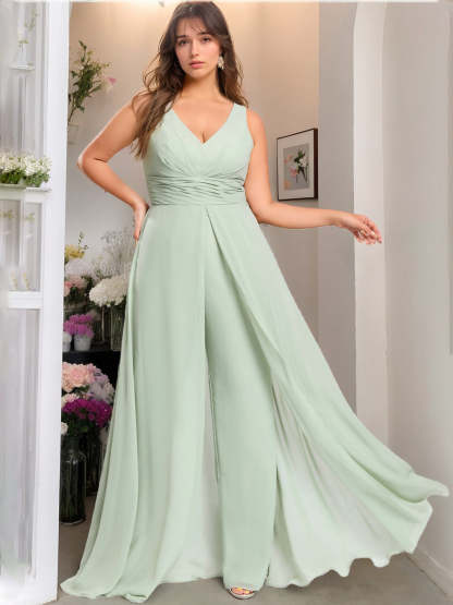 Unique Plus Size Chiffon Bridesmaid Pantsuit with V-Neck and Ruffles