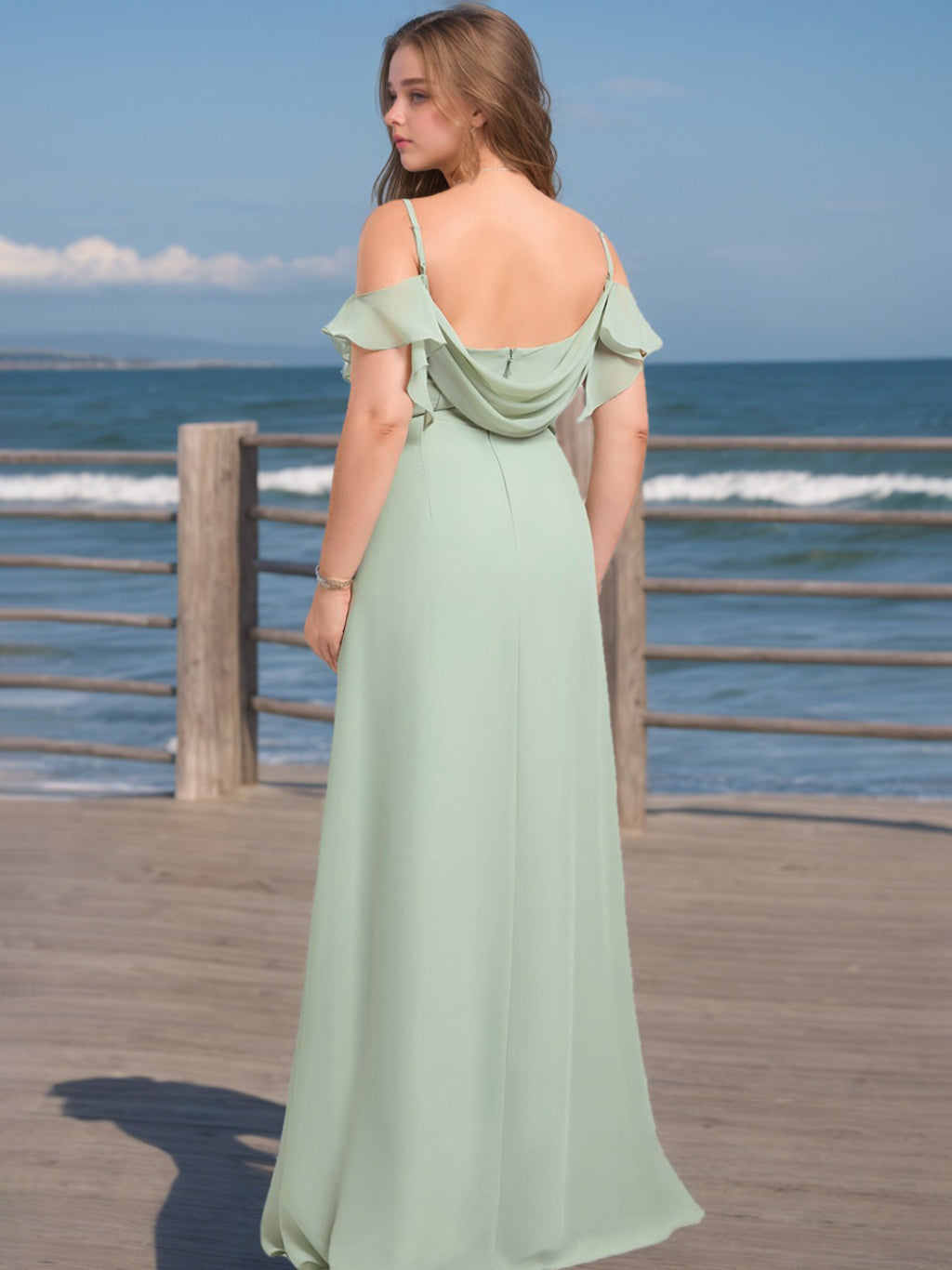Spaghetti Strap Floor-Length Plus Size A-Line Bridesmaid Dress with Side Split and Ruffles