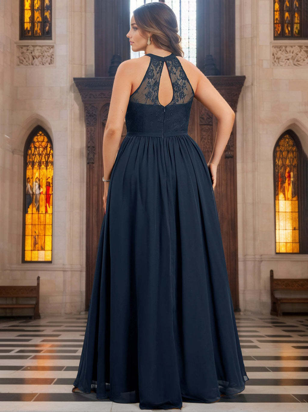 Plus Size Floor-Length A-Line Bridesmaid Dress with Lace, Halter and Sleeveless Princess Cut
