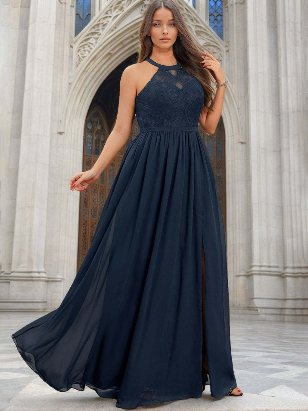 Plus Size Floor-Length A-Line Bridesmaid Dress with Lace, Halter and Sleeveless Princess Cut