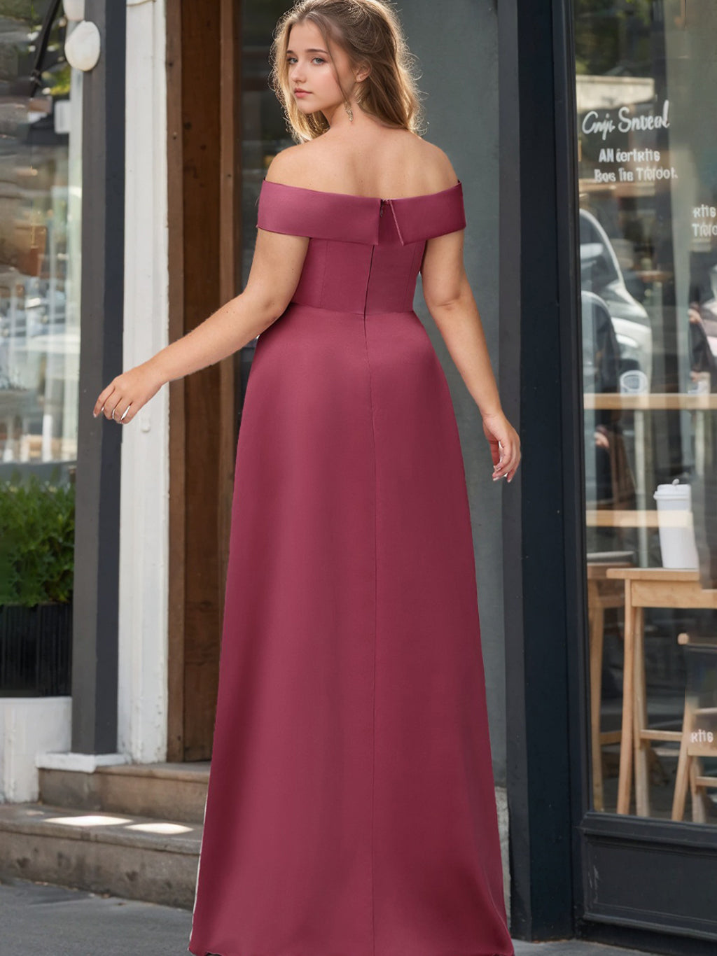 Plus Size Satin Bridesmaid Dresses with Side Split – Off-the-Shoulder A-Line/Princess Floor-Length Design-BMbridal.UK