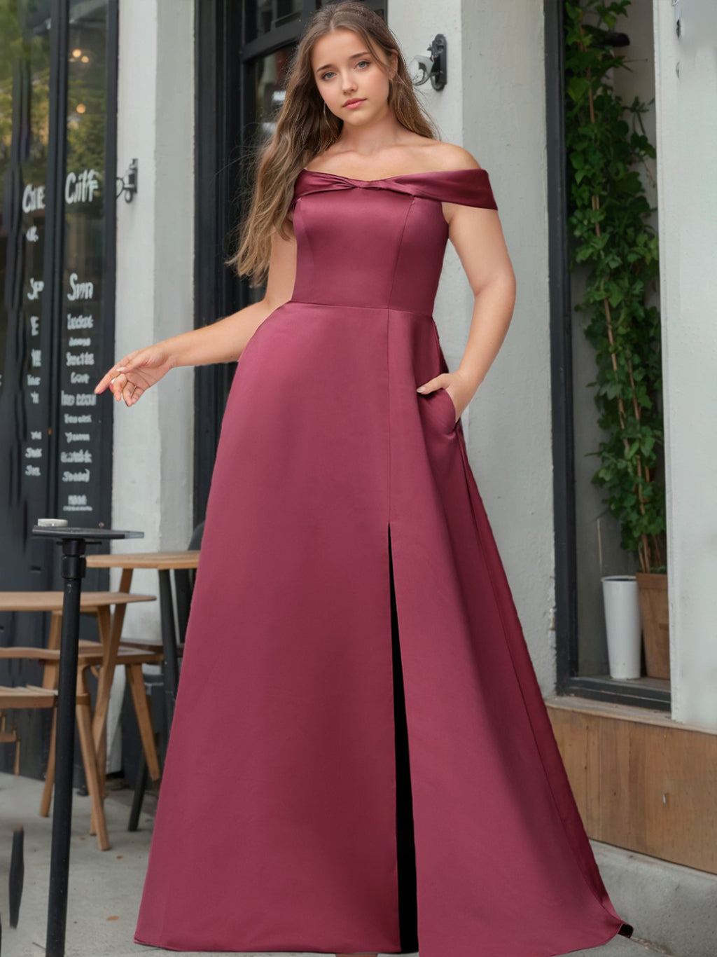 Plus Size Satin Bridesmaid Dresses with Side Split – Off-the-Shoulder A-Line/Princess Floor-Length Design-BMbridal.UK