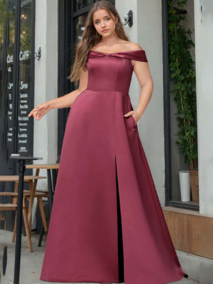 Plus Size Satin Bridesmaid Dresses with Side Split – Off-the-Shoulder A-Line/Princess Floor-Length Design-BMbridal.UK