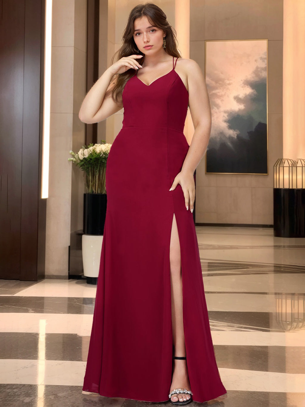 Plus Size Spaghetti Strap V-Neck A-Line Princess Floor-Length Bridesmaid Dress with Side Split