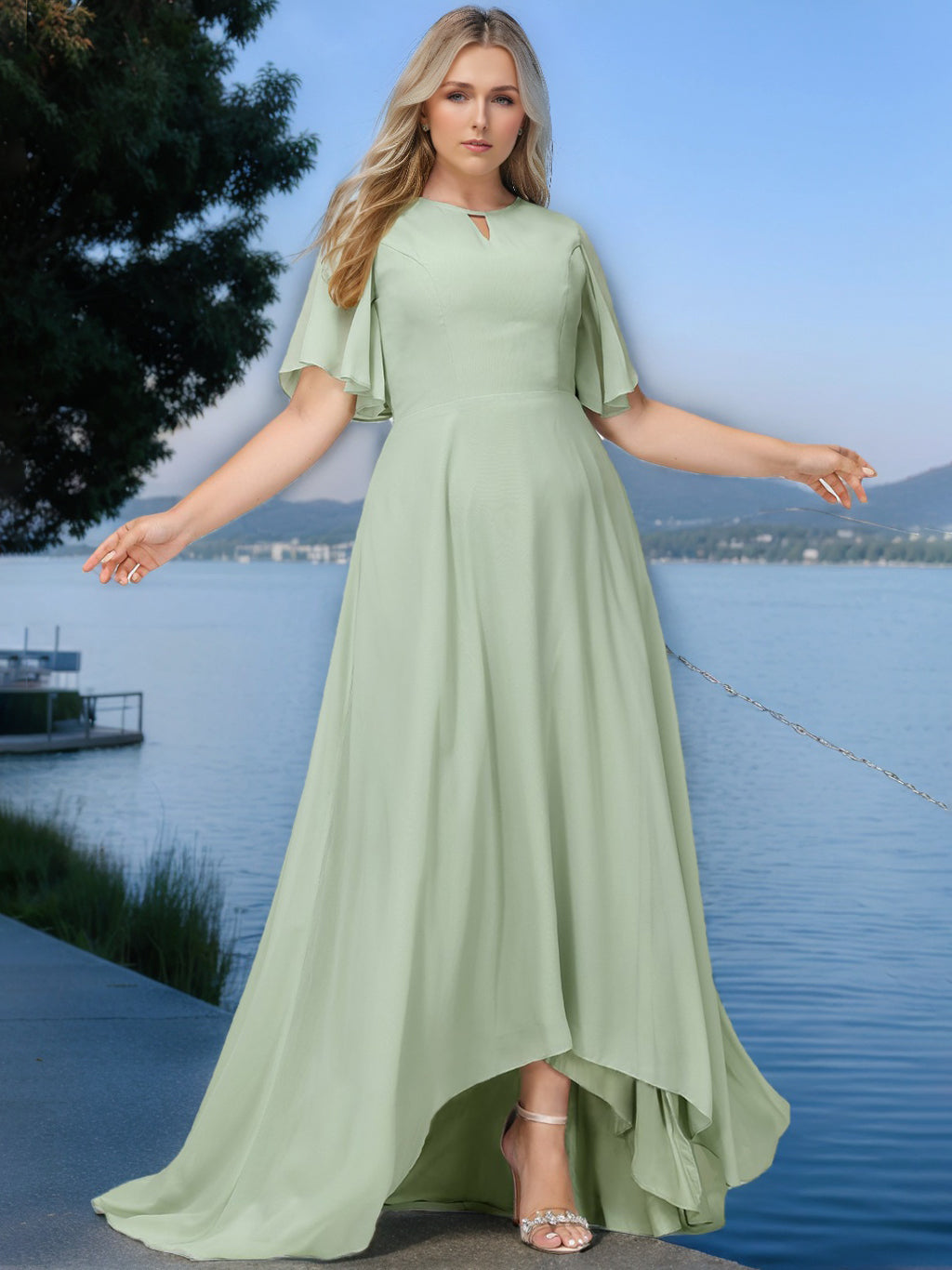 Plus Size Asymmetrical Bridesmaid Dress with Scoop Neck and Short Sleeves in A-Line/Princess Style
