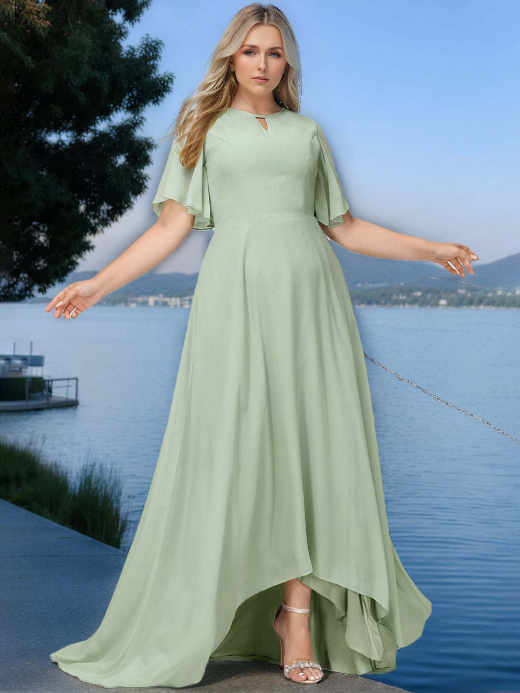 Plus Size Asymmetrical Bridesmaid Dress with Scoop Neck and Short Sleeves in A-Line/Princess Style