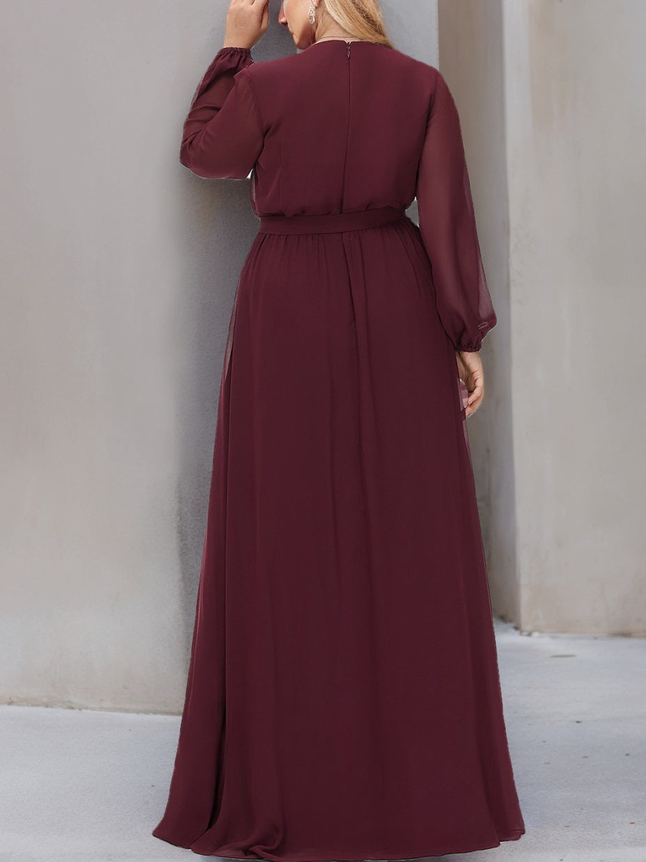 Plus Size Floor-Length A-Line Bridesmaid Dress with V-Neck and Long Pleated Sleeves