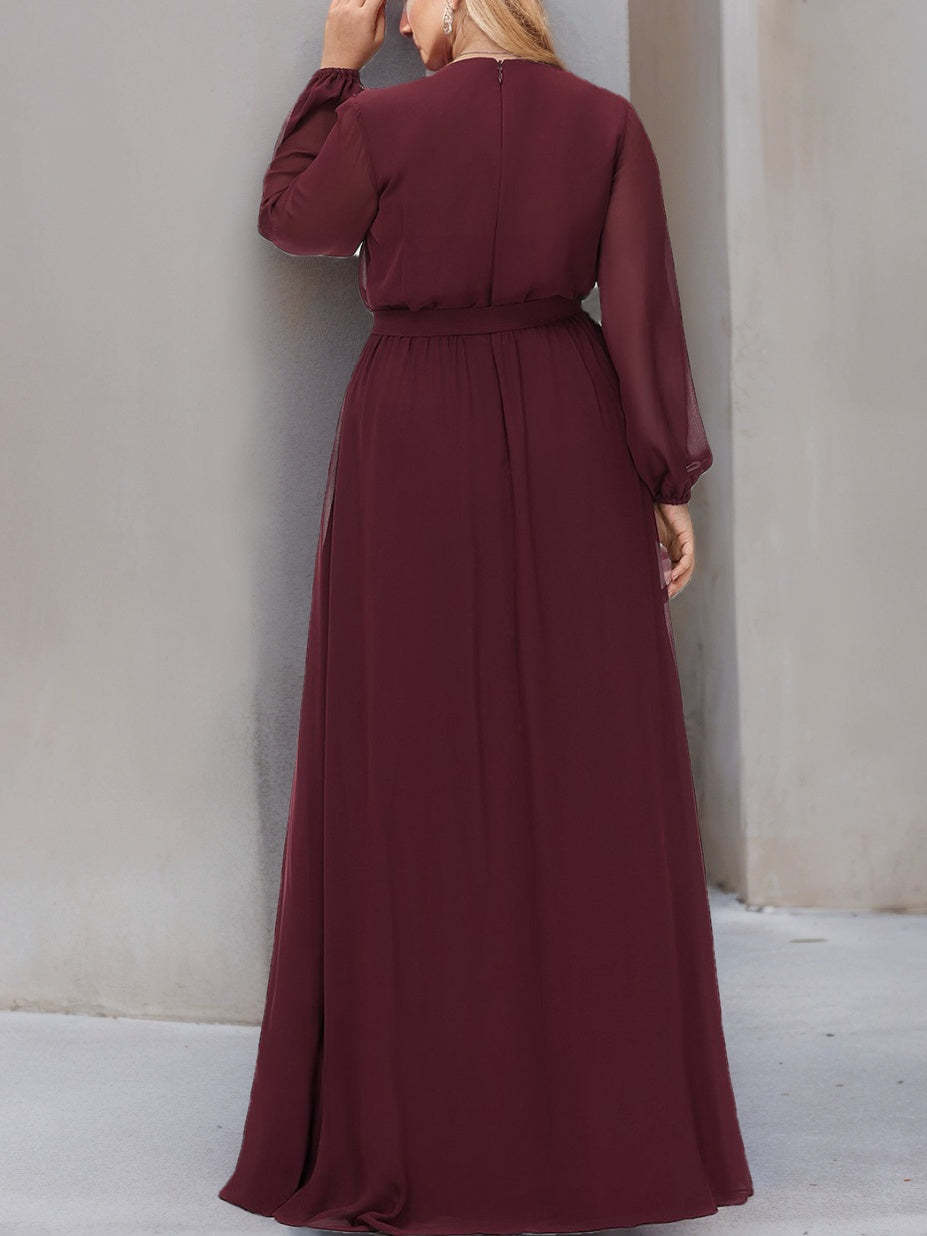 Plus Size Floor-Length A-Line Bridesmaid Dress with V-Neck and Long Pleated Sleeves
