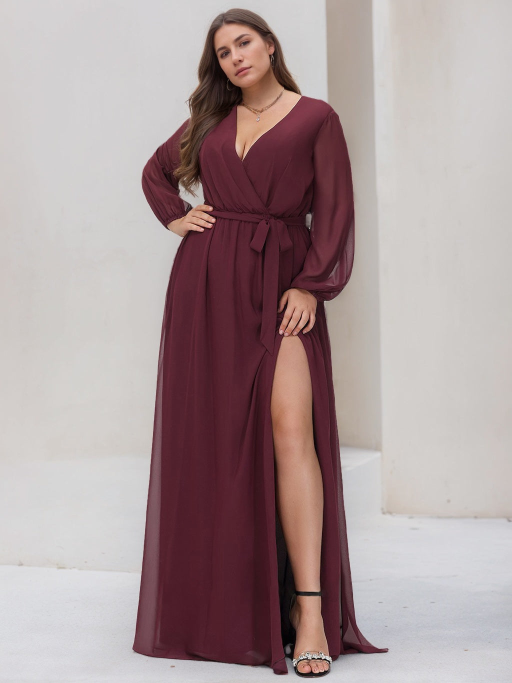 Plus Size Floor-Length A-Line Bridesmaid Dress with V-Neck and Long Pleated Sleeves
