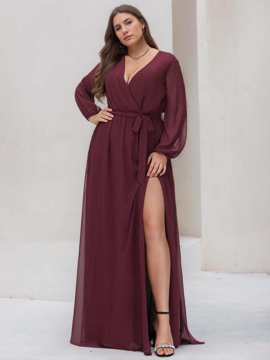 Plus Size Floor-Length A-Line Bridesmaid Dress with V-Neck and Long Pleated Sleeves