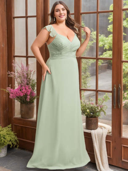 Plus Size Sleeveless Floor-Length A-Line Bridesmaid Dress with V-Neck and Ruffles