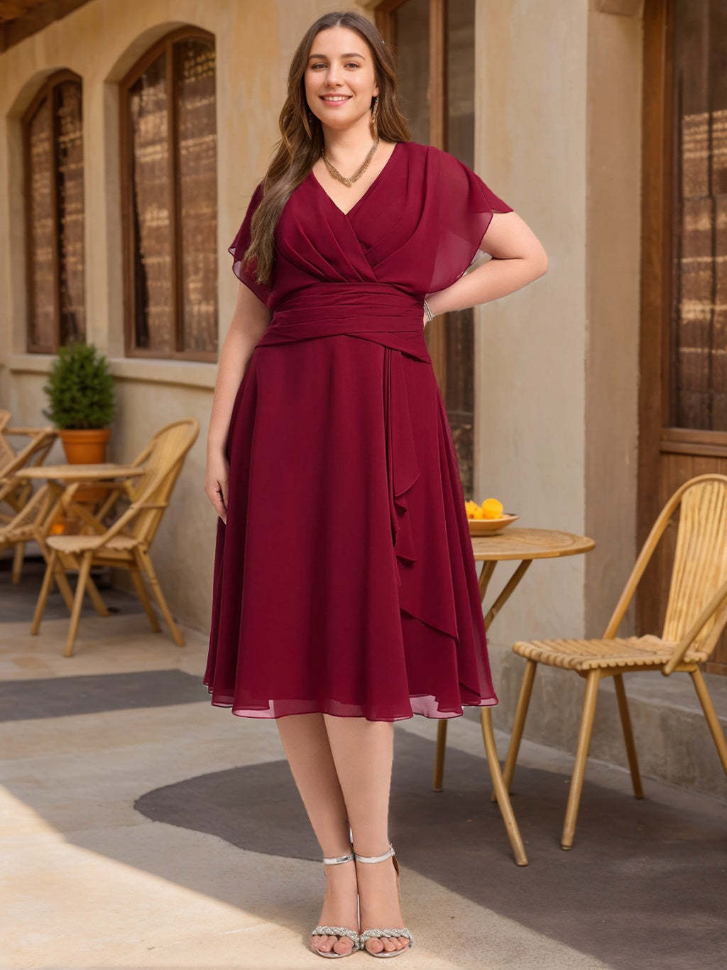 Plus Size V-Neck A-Line Princess Bridesmaid Dress with Ruffles Short Sleeves and Knee-Length