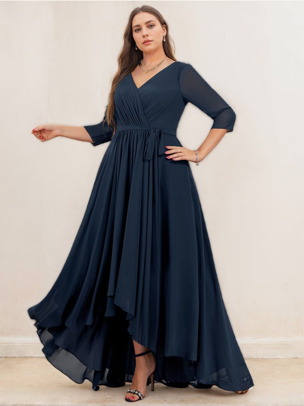 Plus Size Asymmetrical Chiffon Bridesmaid Dress with Pleated A-Line/Princess V-Neck