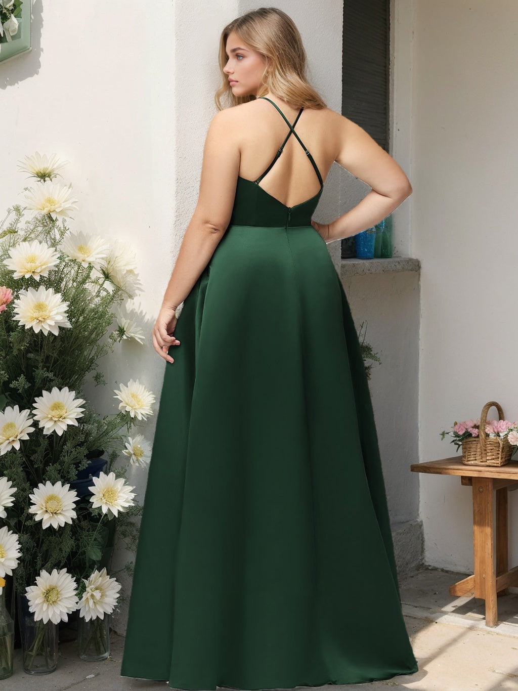 Plus Size Satin Bridesmaid Dress with High Neck, A-Line Princess Cut, Sleeveless and Floor-Length with Side Split-BMbridal.UK