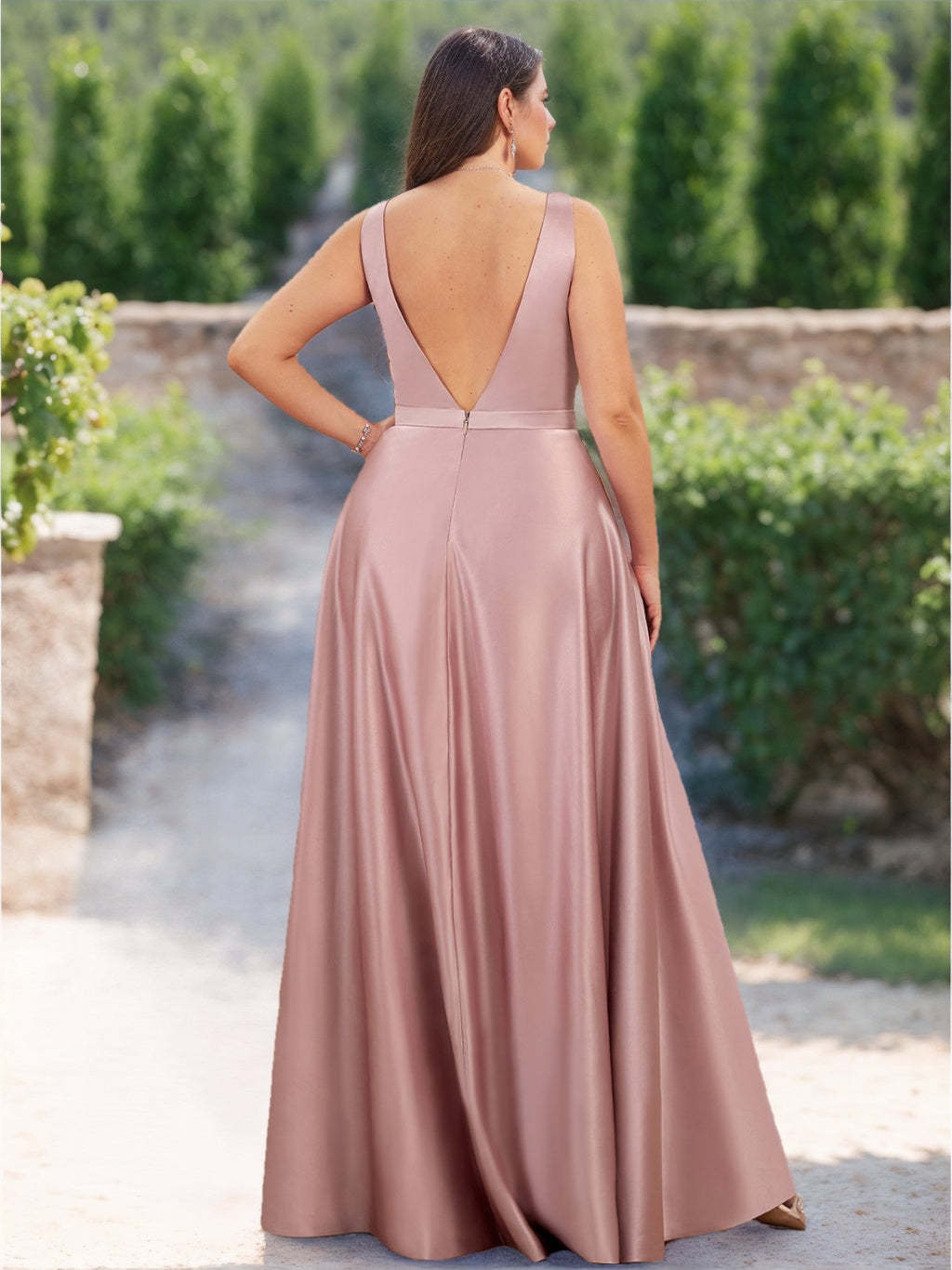 Plus Size Satin Bridesmaid Dress with V-Neck and Floor-Length A-Line/Princess Silhouette