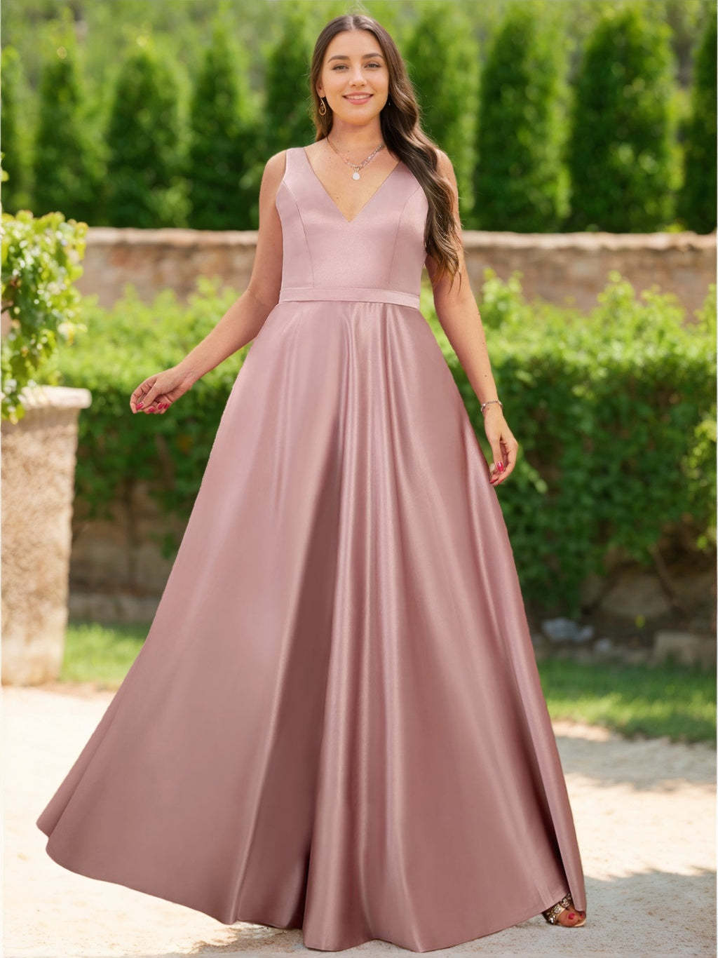 Plus Size Satin Bridesmaid Dress with V-Neck and Floor-Length A-Line/Princess Silhouette