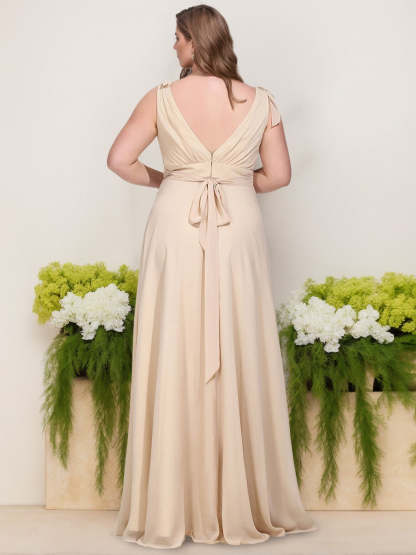 Plus Size Floor-Length V-Neck Sleeveless A-Line Bridesmaid Dress with Bowknot