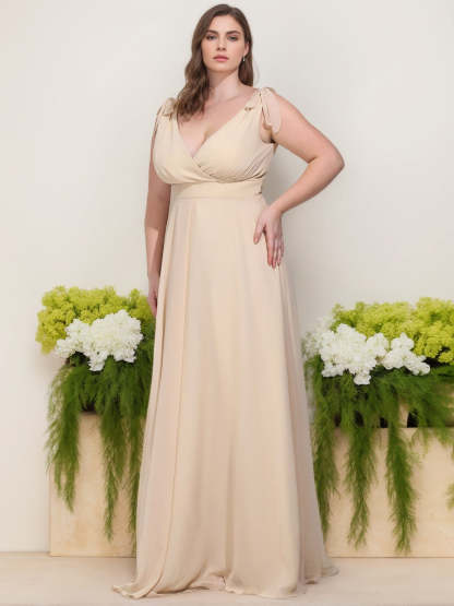 Plus Size Floor-Length V-Neck Sleeveless A-Line Bridesmaid Dress with Bowknot