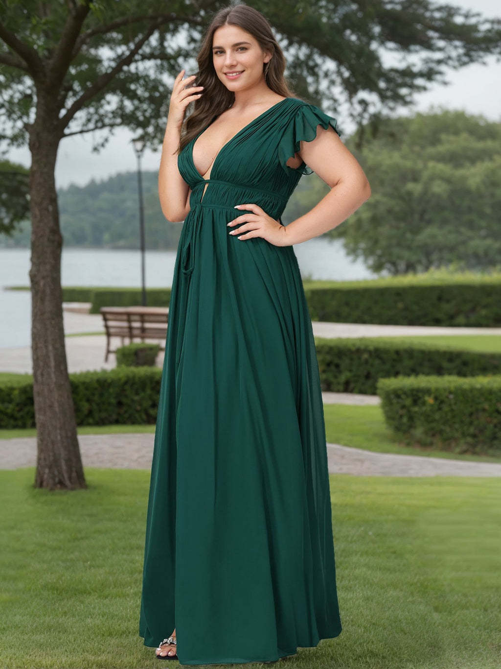 Plus Size Floor-Length Bridesmaid Dresses with Deep V-Neck and Side Split