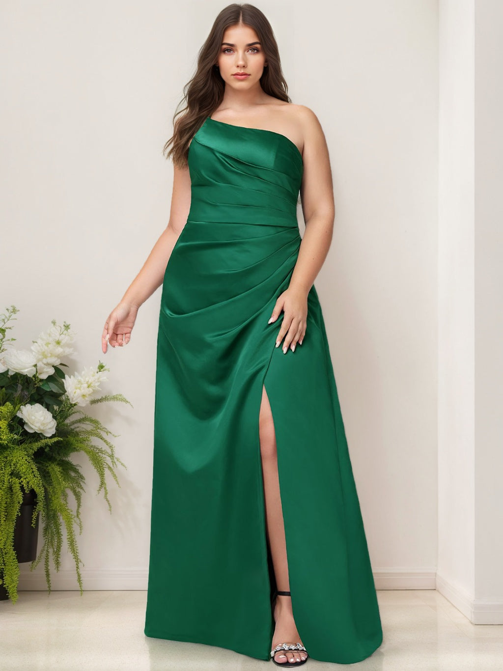 Plus Size One-Shoulder Sleeveless A-Line Bridesmaid Dress in Stretch Satin with Ruffles, Split Side, and Floor-Length Design-BMbridal.UK