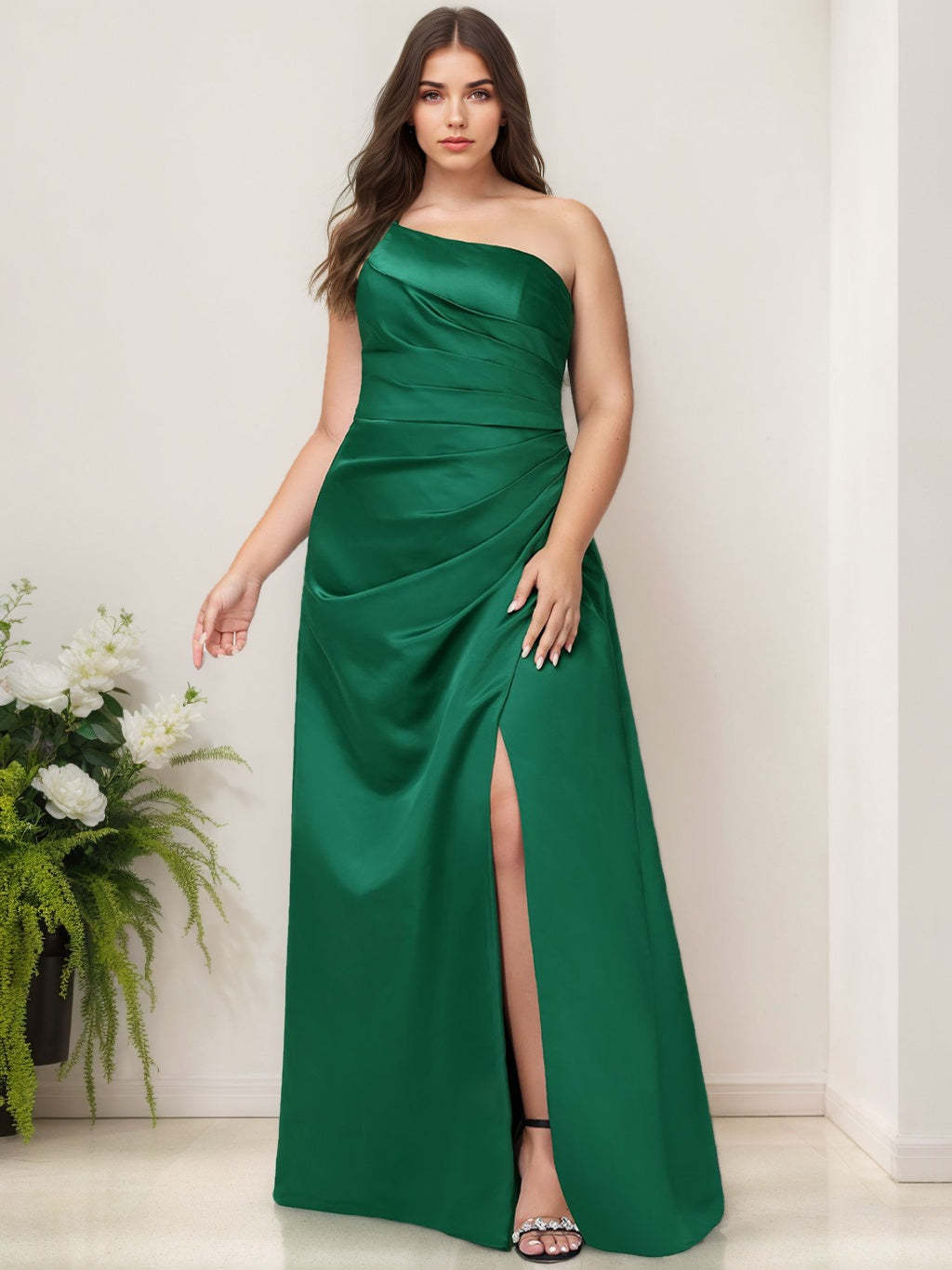 One-Shoulder A-Line Floor-Length Stretch Satin Plus Size Bridesmaid Dress with Ruffles and Side Split-BMbridal.UK
