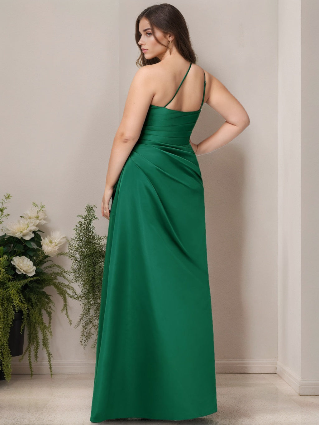 Plus Size One-Shoulder Sleeveless A-Line Bridesmaid Dress in Stretch Satin with Ruffles, Split Side, and Floor-Length Design-BMbridal.UK