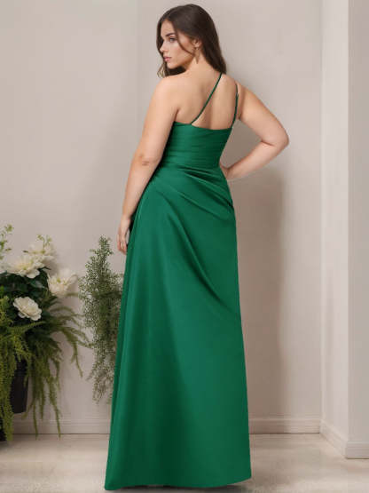 One-Shoulder A-Line Floor-Length Stretch Satin Plus Size Bridesmaid Dress with Ruffles and Side Split-BMbridal.UK