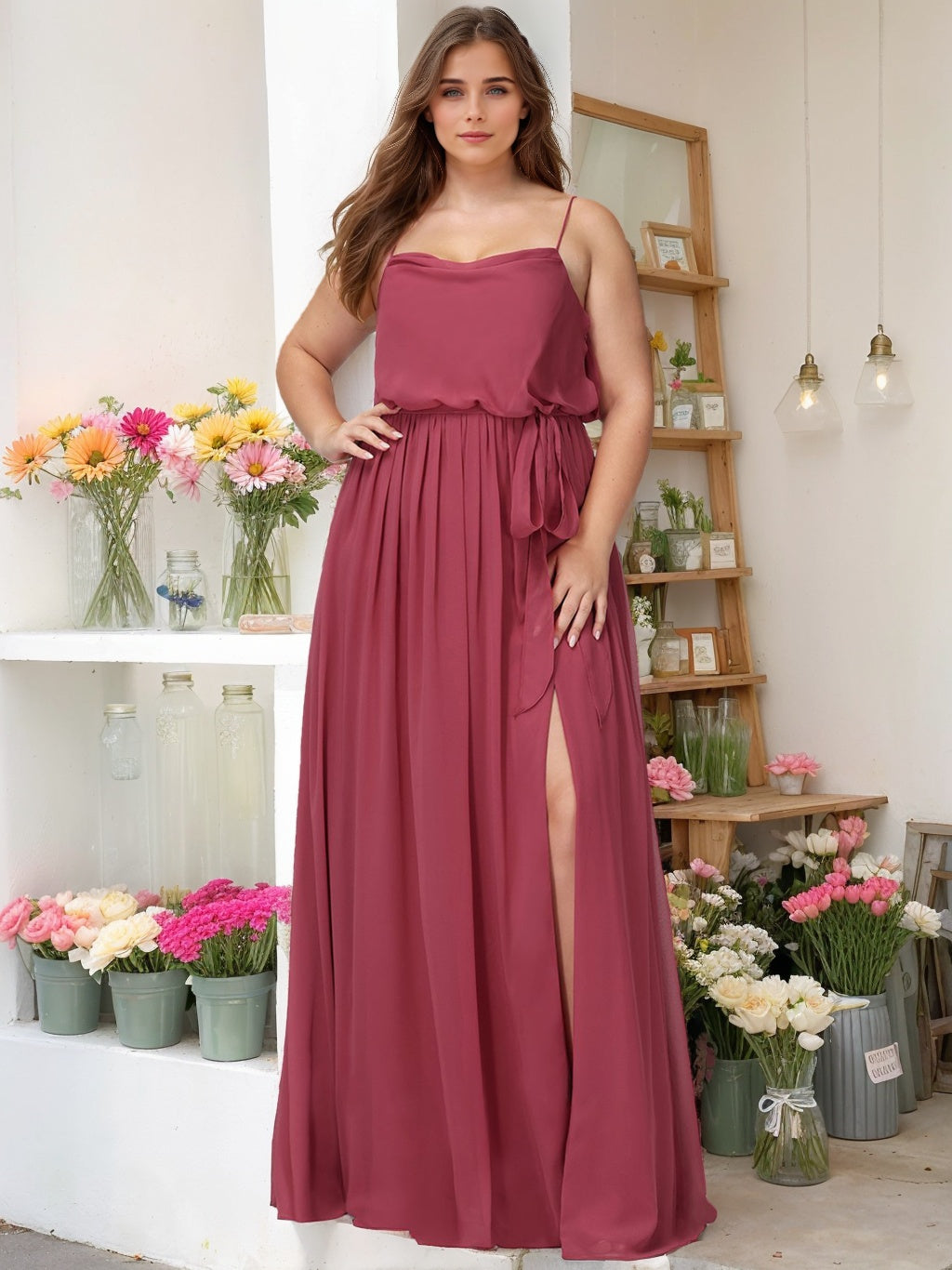 Unique Plus Size Spaghetti Strap A-Line Bridesmaid Dress with Side Split and Floor-Length Design