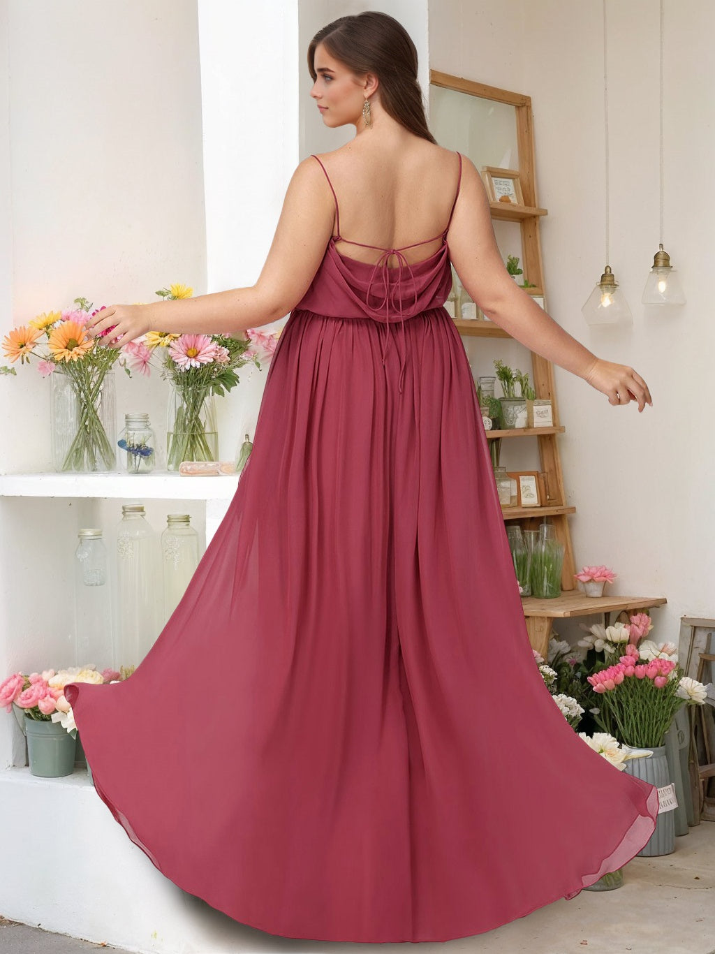 Unique Plus Size Spaghetti Strap A-Line Bridesmaid Dress with Side Split and Floor-Length Design