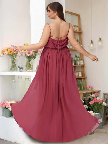 Unique Plus Size Spaghetti Strap A-Line Bridesmaid Dress with Side Split and Floor-Length Design