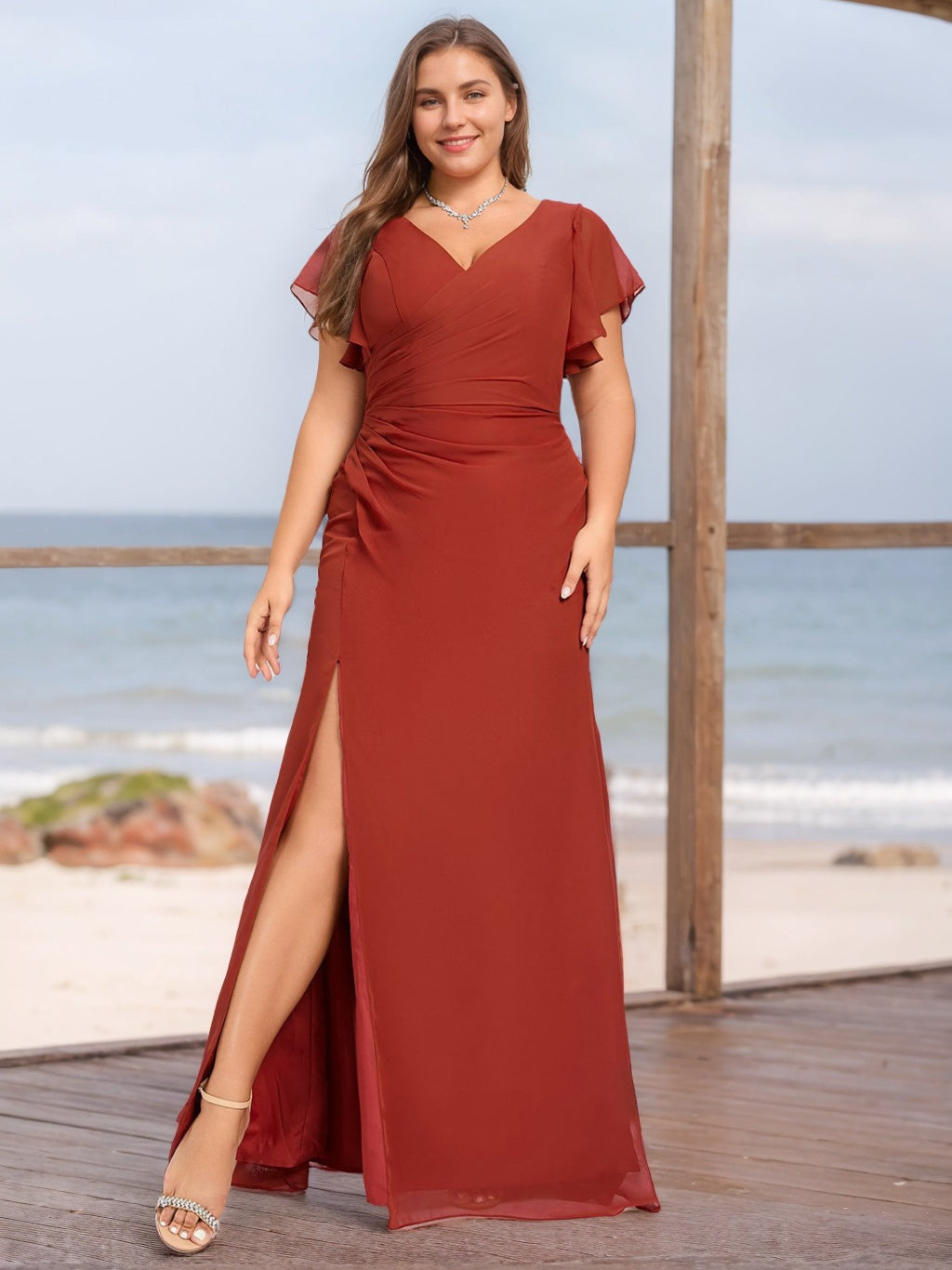 Plus Size V-Neck A-Line Bridesmaid Dress with Ruffles and Side Split