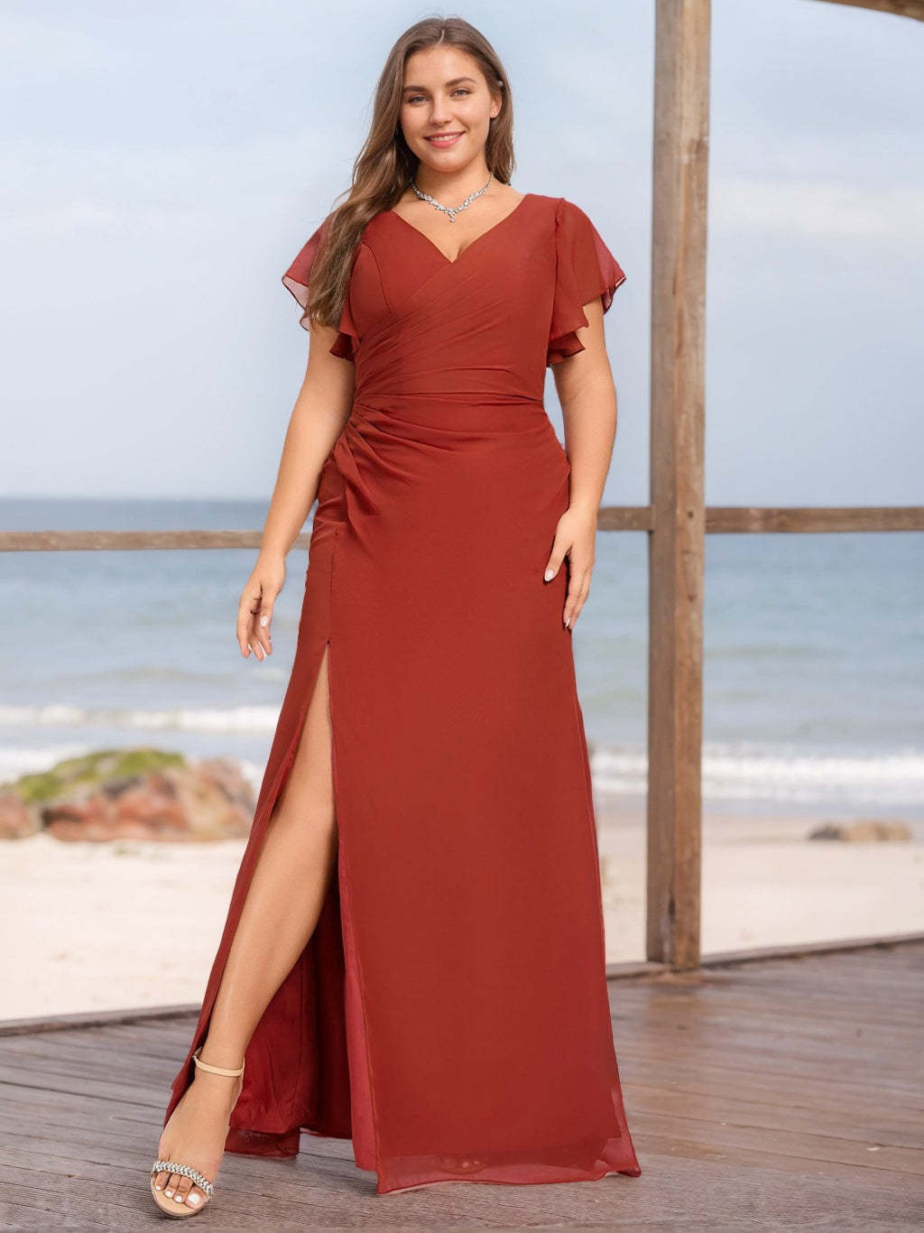 Plus Size V-Neck A-Line Bridesmaid Dress with Ruffles and Side Split