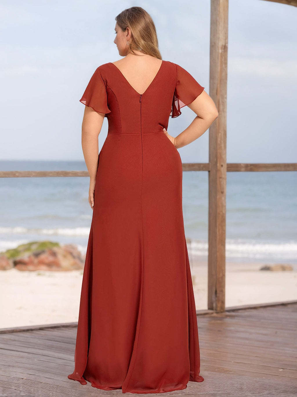 Plus Size V-Neck A-Line Bridesmaid Dress with Ruffles and Side Split