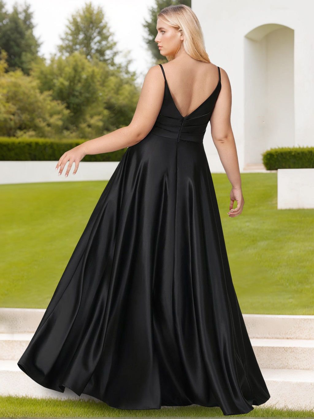 Princess A-Line Spaghetti Strap Floor-Length Plus Size Bridesmaid Dress with Deep V-Neck, Side Split & Ruffles-BMbridal.UK