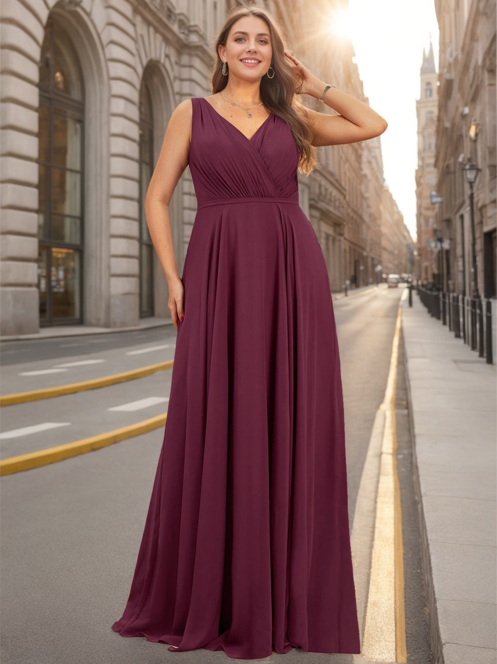 Unique Plus Size Chiffon Bridesmaid Dress with Ruffles – Sleeveless V-Neck A-Line Floor-Length Princess-BMbridal.UK