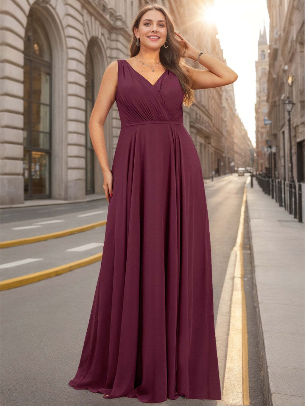 Unique Plus Size Chiffon Bridesmaid Dress with Ruffles – Sleeveless V-Neck A-Line Floor-Length Princess-BMbridal.UK