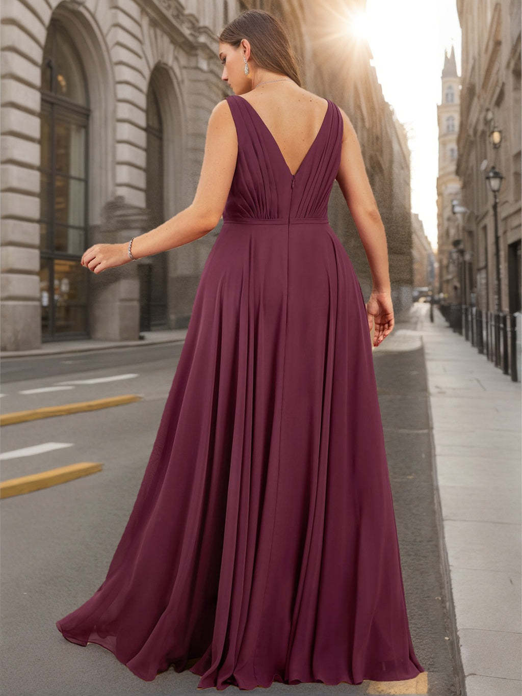 Unique Plus Size Chiffon Bridesmaid Dress with Ruffles – Sleeveless V-Neck A-Line Floor-Length Princess-BMbridal.UK