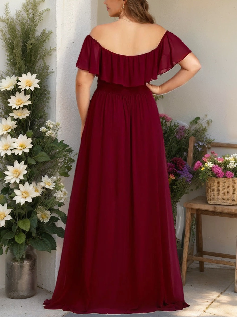 Plus Size Off-the-Shoulder A-Line/Princess Bridesmaid Dresses Featuring Ruffles and Asymmetrical Design-BMbridal.UK