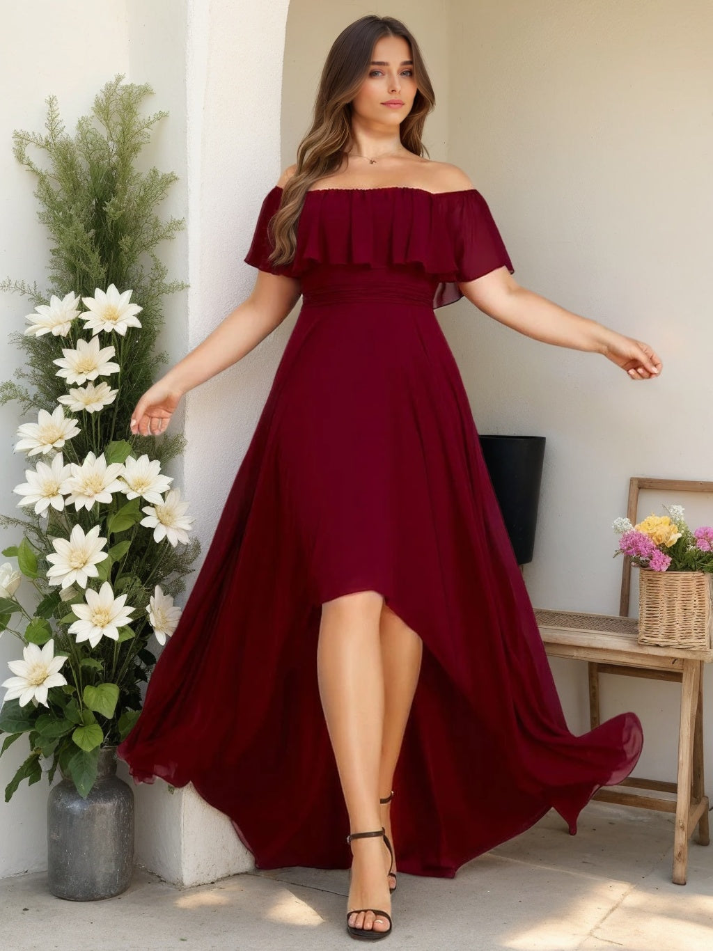 Plus Size Off-the-Shoulder A-Line/Princess Bridesmaid Dresses Featuring Ruffles and Asymmetrical Design-BMbridal.UK
