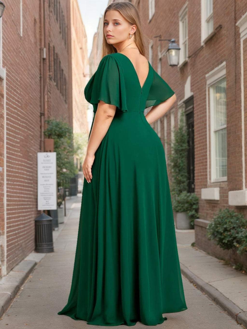 Plus Size Floor-Length Bridesmaid Dresses with Ruffles in a Princess A-Line Double V-Neck Short Sleeve Design-BMbridal.UK