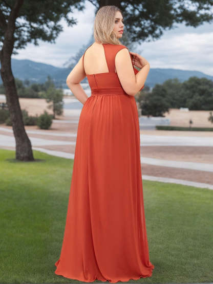 Plus Size Princess A-Line Bridesmaid Dress with Beads Deep V-Neck and Floor-Length Sleeveless Design