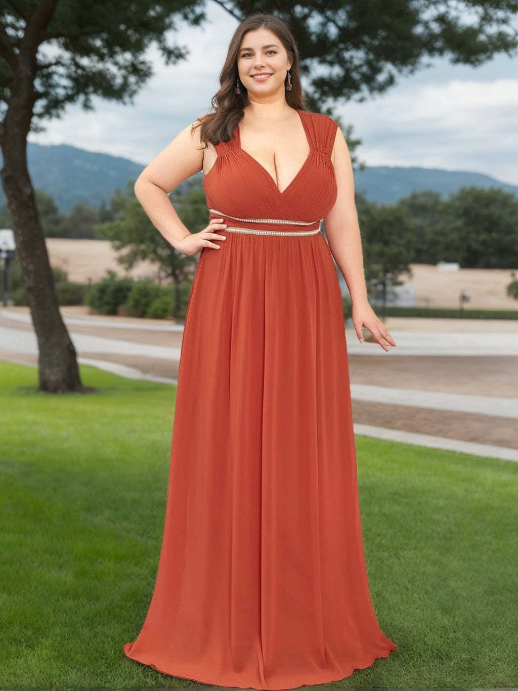 Plus Size Princess A-Line Bridesmaid Dress with Beads Deep V-Neck and Floor-Length Sleeveless Design