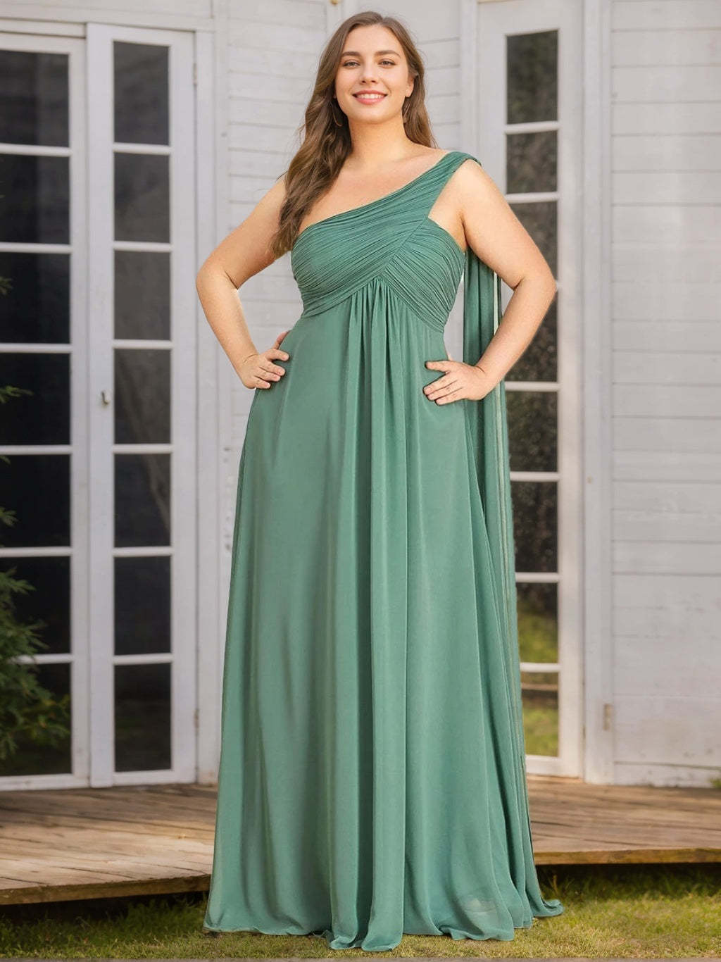 One-Shoulder Sleeveless A-Line Floor-Length Plus Size Princess Bridesmaid Dress With Ruched