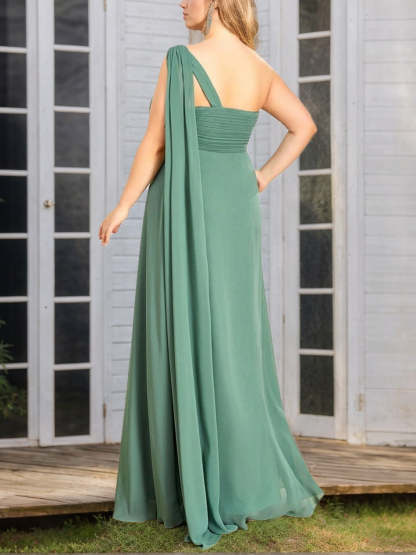 One-Shoulder Sleeveless A-Line Floor-Length Plus Size Princess Bridesmaid Dress With Ruched
