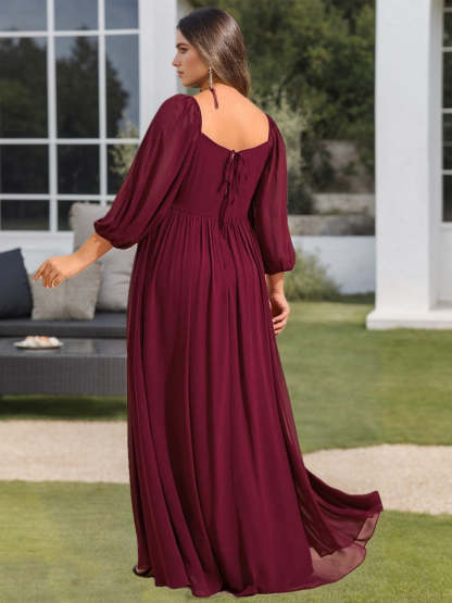 Sweetheart A-Line Princess Floor-Length Plus Size Bridesmaid Dresses With 3/4 Sleeves and Ruffles