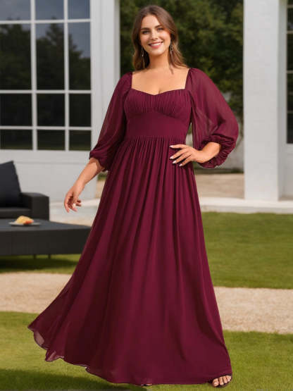Sweetheart A-Line Princess Floor-Length Plus Size Bridesmaid Dresses With 3/4 Sleeves and Ruffles