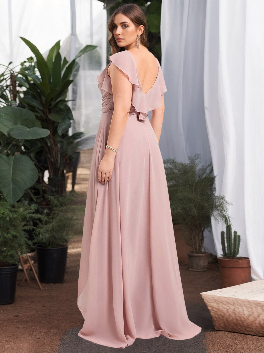 V-Neck Sleeveless Chiffon Plus Size Bridesmaid Pantsuit with Ruffles, Floor-Length