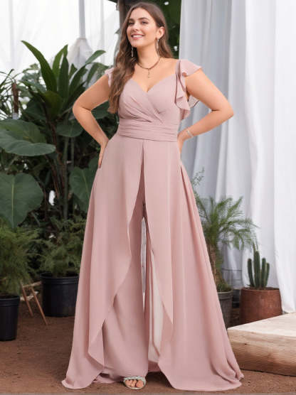 V-Neck Sleeveless Chiffon Plus Size Bridesmaid Pantsuit with Ruffles, Floor-Length